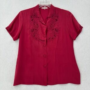 Vtg Peony Silk Shanghei Chinese Blouse 38 Red Hand Embroidered Lace Cottagecore